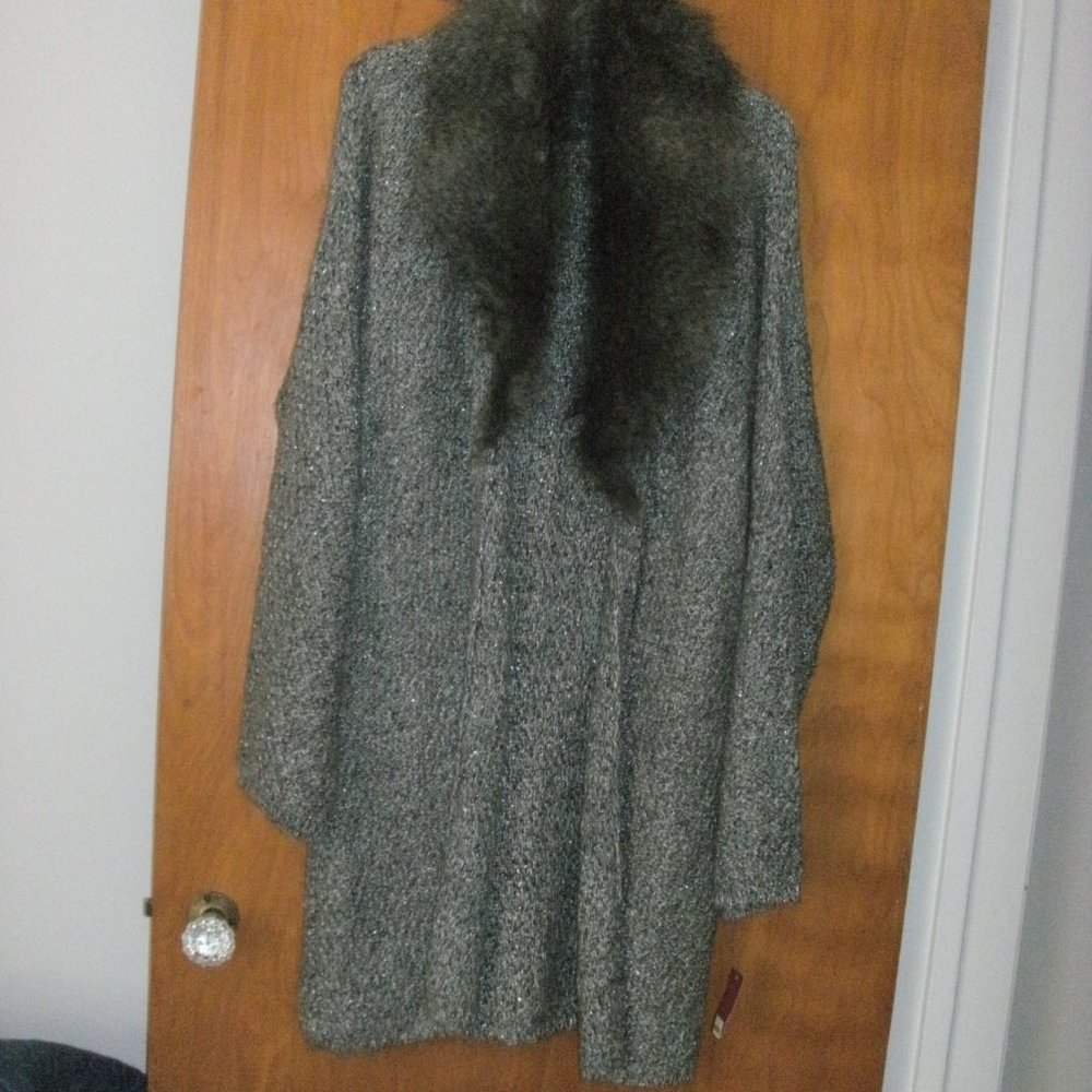 NWT Gray Marble Knit Long Sleeve Cardigan Sweater Coat Faux Fur Collar size M